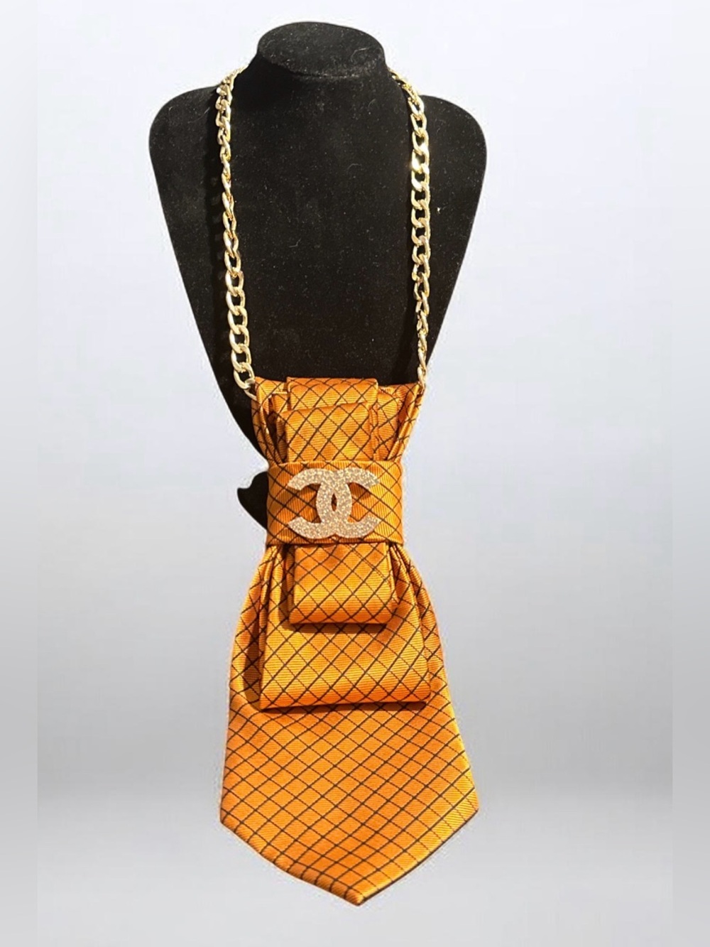 Designerinspired Orange QuiltedSilk Tie Necklace w/Gold Chain,w/ doubleCaccents